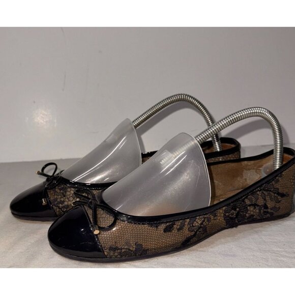Jimmy Choo Navy Blue Lace Ballet Flats Patent Bow Detail - Picture 1 of 12